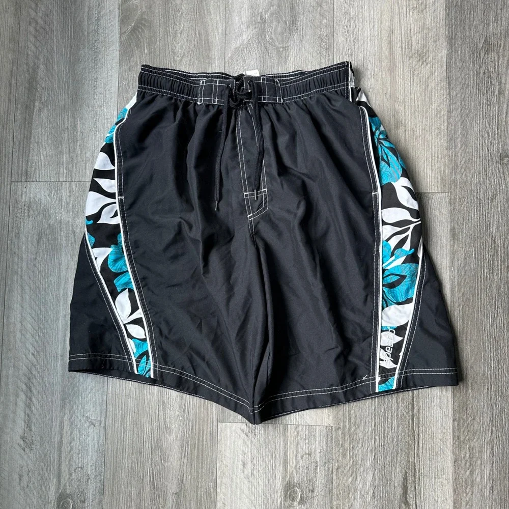 Vintage Y2K Speedo Black Swim Trunks Board Shorts Men's Large Blue Tropical surf